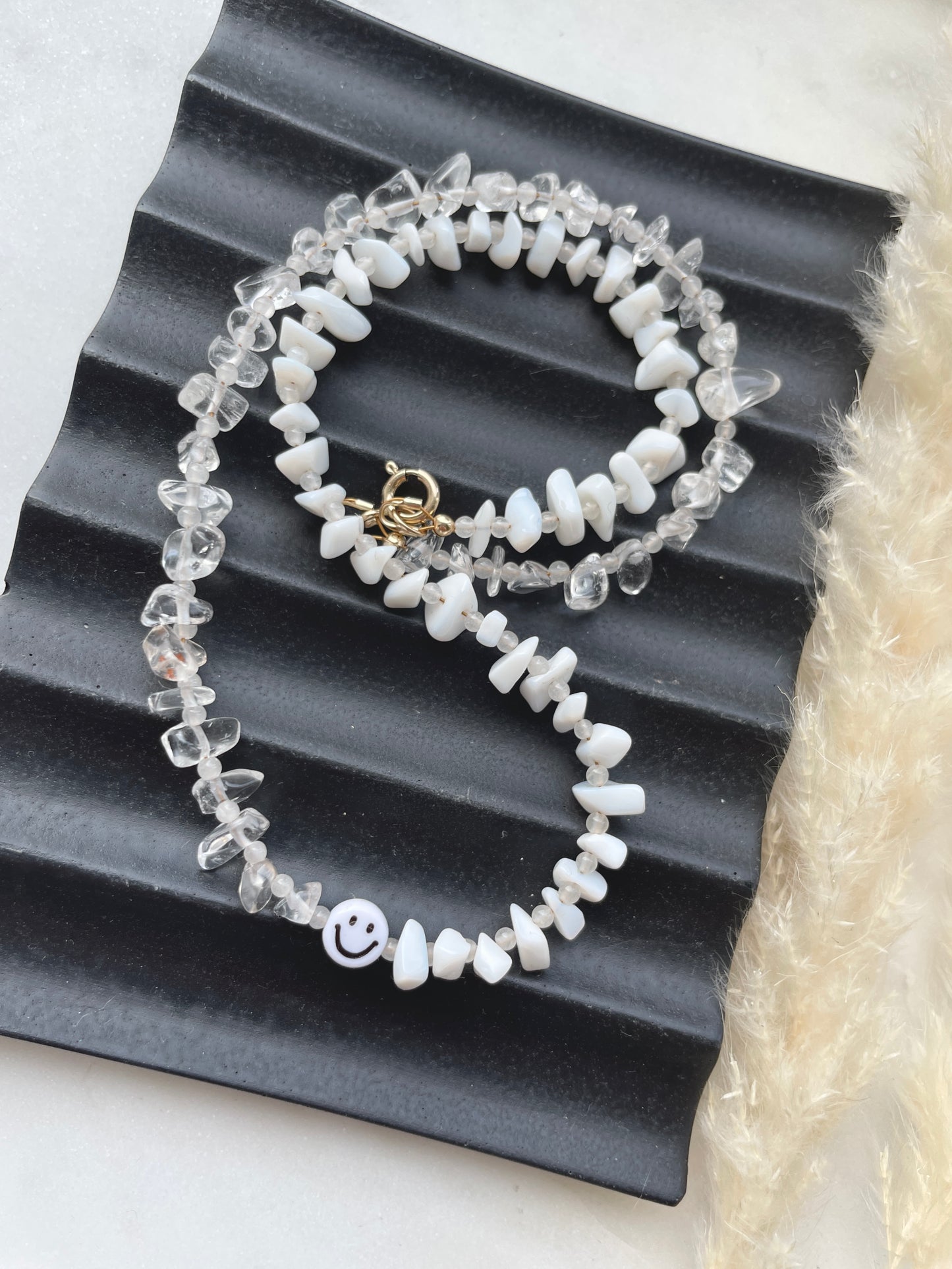 Clear Quartz & White Agate smiley choker